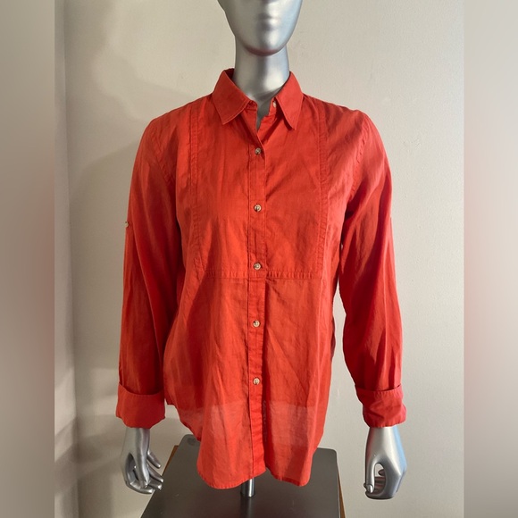 Tops - Lauren Ralph Lauren Shirt Orange Button Up Women Size Small Cotton Rollup Sleeve